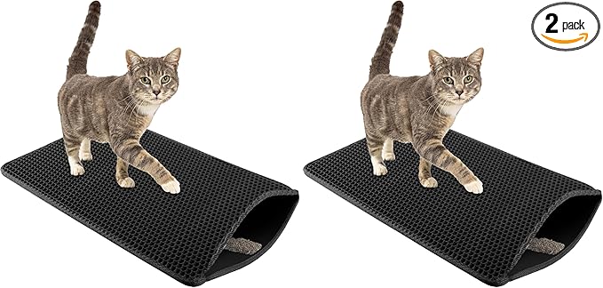 Cat Litter Mat - 24x15 Waterproof Litter Box Mat with Dual-Layer Honeycomb Design for Trapping Litter - Slip-Resistant Cat Mat by PETMAKER (Black) (Pack of 2)