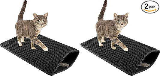 Cat Litter Mat - 24x15 Waterproof Litter Box Mat with Dual-Layer Honeycomb Design for Trapping Litter - Slip-Resistant Cat Mat by PETMAKER (Black) (Pack of 2)