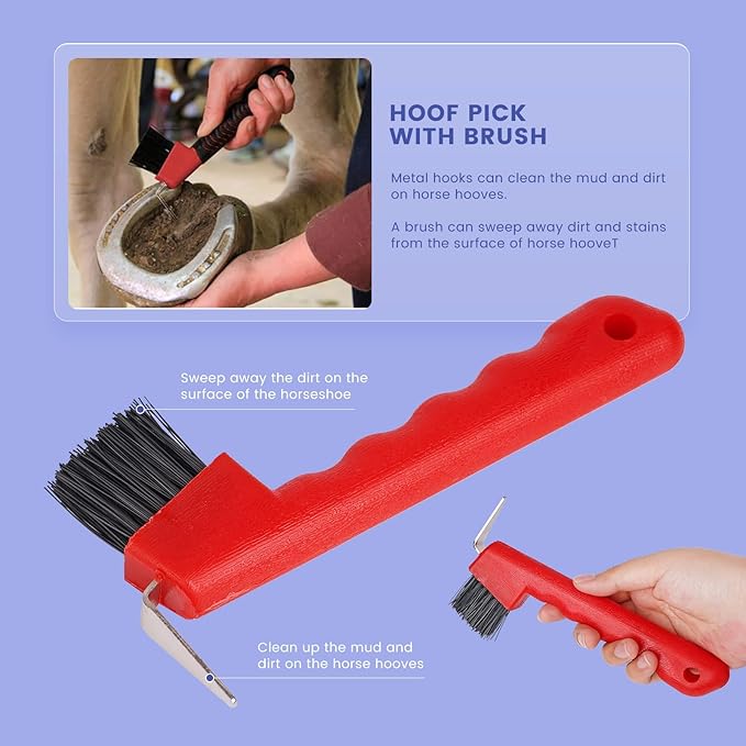 Horse Grooming Kit, Horse Brushes for Grooming 10pcs Horse Cleaning Tool Set with Tote Bag, Sweat Scraper, Curry Comb, Brush, Hoof Pick, Livestock Bathing Supplies Equine Care Supplies