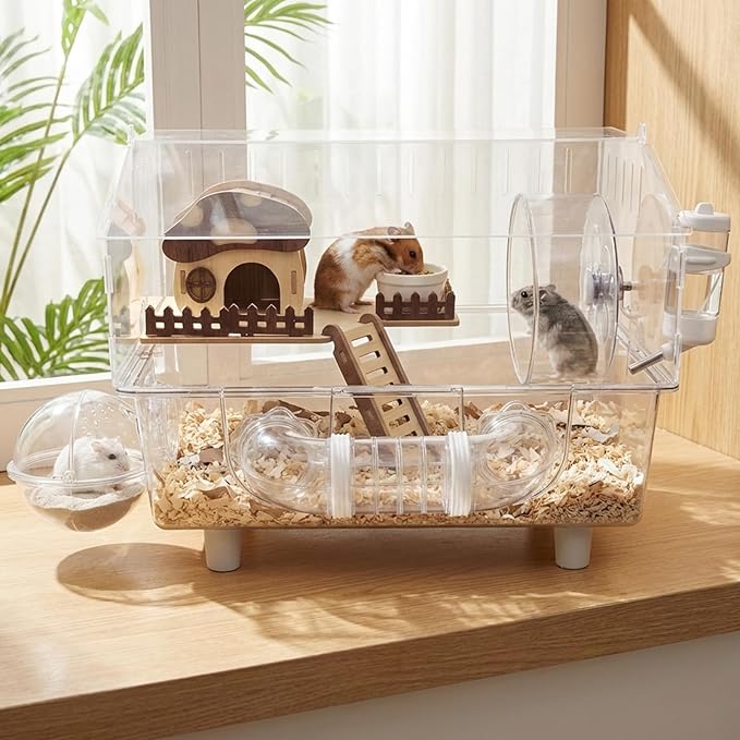 Loungewave Acrylic Hamster Cage, 8 in 1 Gerbil Cage with Accessories, Dwarf Hamster Cage with Full Transparent Viewing, Clear View Inside Easy to Clean, Excellent Ventilation, Mushroom House Style