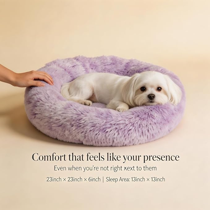 Calming Donut Dogs Beds for Small Dogs Washable,23inch Plush Round Pet Bed for Cozy Sleep,Fluffy Faux Fur Large Cat Bed,Fits up to 25 lbs Pets,Gradient Purple
