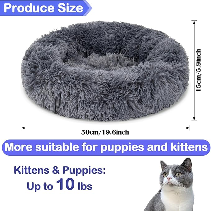 RAINFLOW Cat Bed - Calming Cat Bed for Small Kittens Donut Washable Round for Indoor Kittens and Puppies, Anti-Slip Round Fluffy Plush Faux Fur,Large, Dark Blue