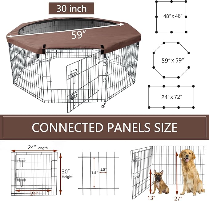NEZUC Foldable Silver Metal Dog Exercise Playpen Gate Fence Dog Crate 8 Panels 30 Inch Height Puppy Kennels with Top Cover for Animals Outdoor Indoor (with top Cover, 8 Panels 30" H)