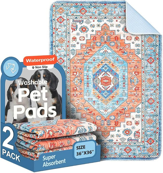 Washable Pee Pads for Dogs, 2 Pack Reusable Puppy Training Pads 36"x36" Super Absorbent Waterproof Dog Training Pads, Non-Slip Potty Pads, Whelping Pads Litter Mat Orange/Mix