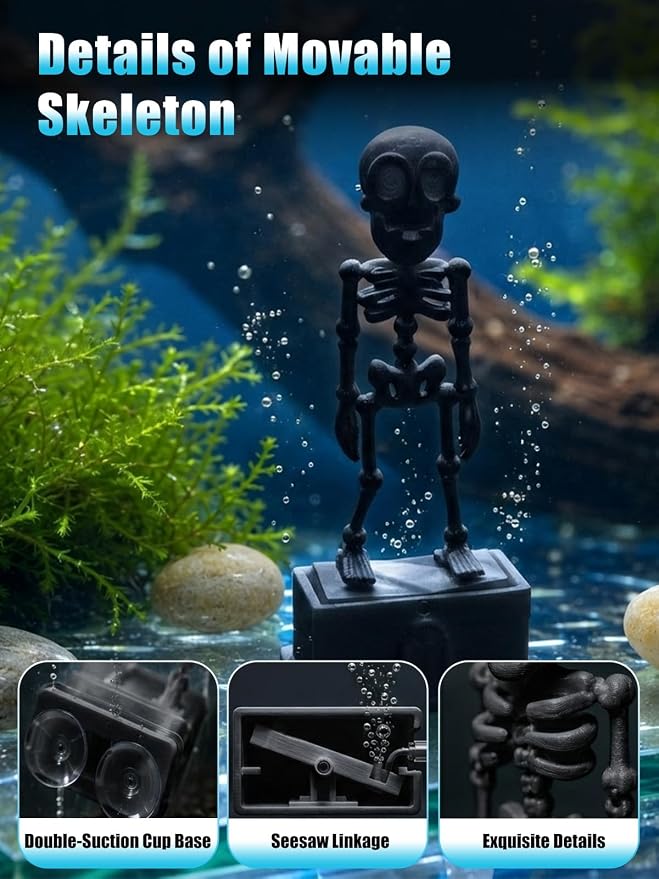 Dancing Skeleton Aquarium Bubbler, Halloween Fish Tank Decor(Black) | Adjustable airflow with 1m hose & valve. Safe resin, for freshwater/saltwater tanks. Air pump not included.