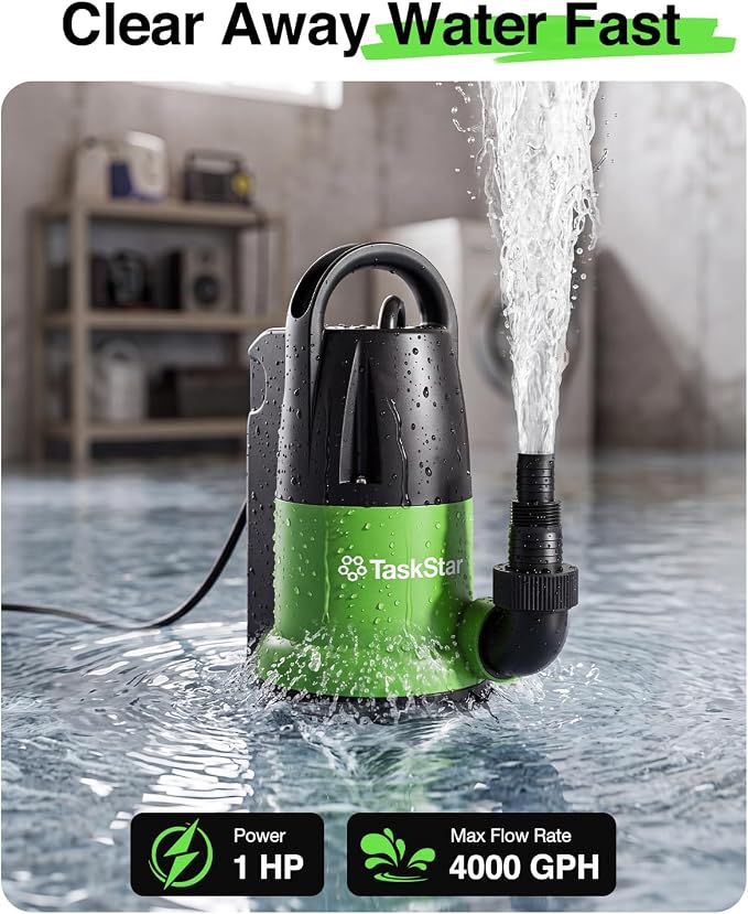 Taskstar 1 HP 4000GPH Automatic Submersible Water Pump for Pool Draining | Built-in Float Switch, Auto/Manual Modes, 25FT Cord Sump Pump for Swimming Pool, Flooded Basement, Hot Tub, Garden Pond