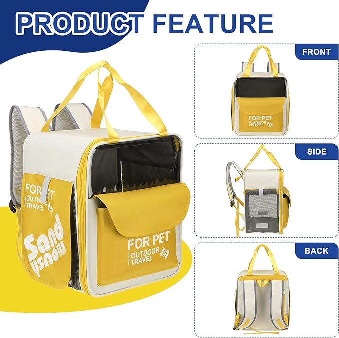 Pet Backpack Carrier, Portable and Ventilated, Oxford Cloth, Dogs Cats and Small Animal Travel Bag 13.39" Up to 16.5 Lbs, (Yellow), Intended for Hiking/Camping/Traveling