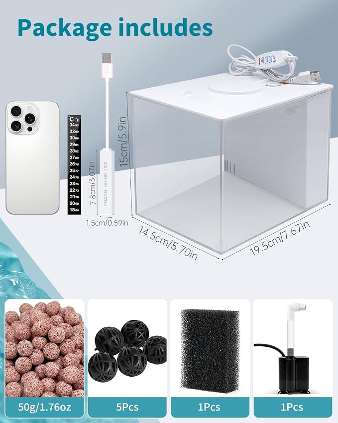 Fish Tank Betta Starter Kit 1 Gallon Desktop Small Aquarium Kit with 10W Heater LED Light and Filter Media & Water Pump– Compact Aquarium for Betta Fish, Small Fish, Shrimp, or Plants