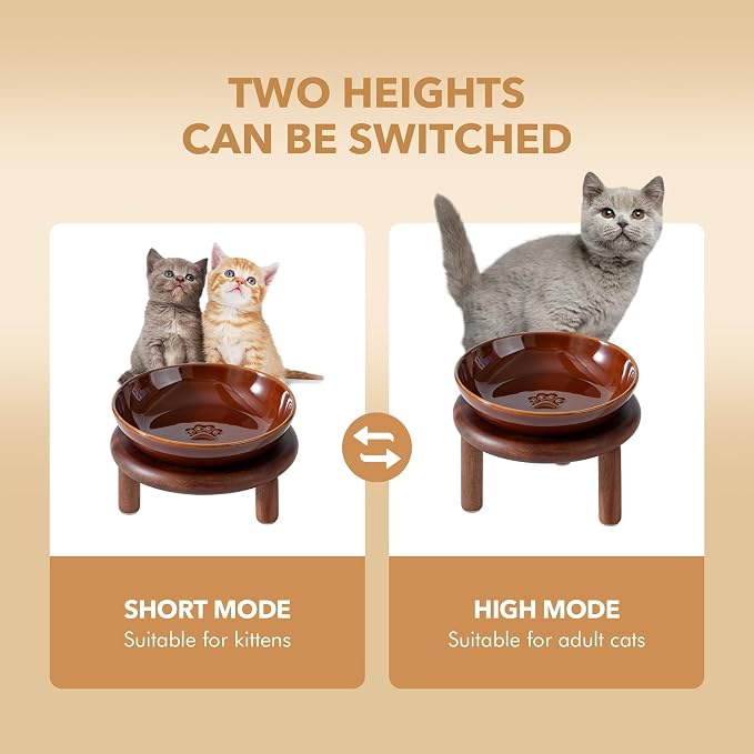 Havniva Elevated Cat Bowls Raised Ceramic Cat Bowl, 5.7” Wide Opening Cat Food Bowl Whisker Friendly Cat Dish Anti-Slip with Wood Stand, Shallow Pet Food & Water Bowl for Indoor Cats