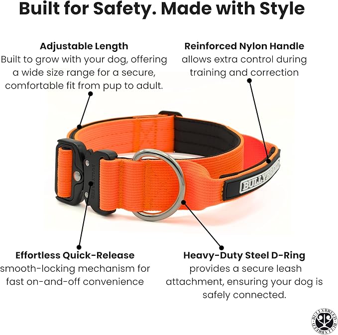 Heavy Duty Dog Collar, Tactical Dog Collar, Dog Collars for Medium Dogs, Waterproof Dog Collar, Dog Training Collar, Quick-Release Metal Buckle, Adjustable Sizes – BULLYBREED (Orange, Medium)