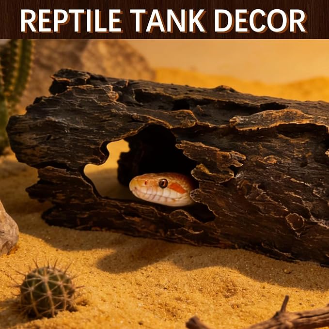 Tfwadmx Bearded Dragon Hide, 13.5" Large Reptile Hideout, Resin Simulated Hollow Log for Aquarium, Betta Fish Hideout, Reptile Tank Accessories for Corn Snakes, Young Ball Pythons, Geckos, Axolotls