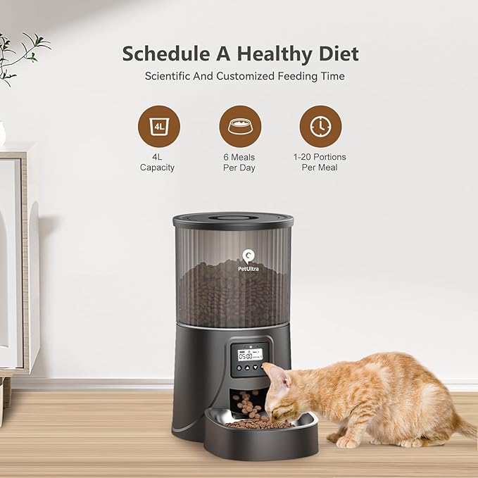 PETULTRA Automatic Cat Feeder: 4L Timed Cats Food Dispenser Programmable 1-6 Meal for Cat and Small Medium Dog- Auto Pet Feeder Easy to Set Up Dual Power Supply with Desiccant Bag| Detachable Washable