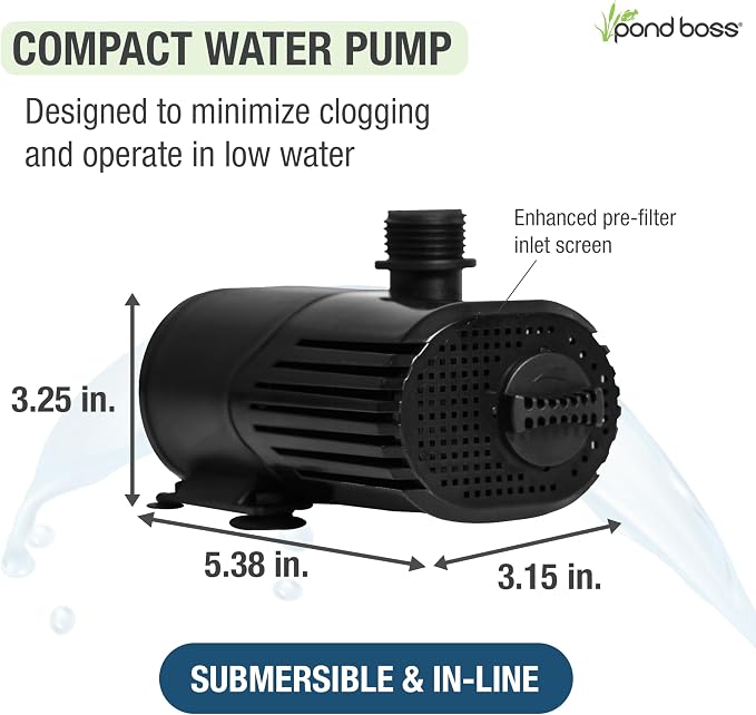 pond boss 500 GPH Submersible and In-Line Water Pump for Hydroponics, Aquaponics, Fountains, and Freshwater Aquariums – Adjustable Flow, Quiet Operation, Includes Tubing Adapters