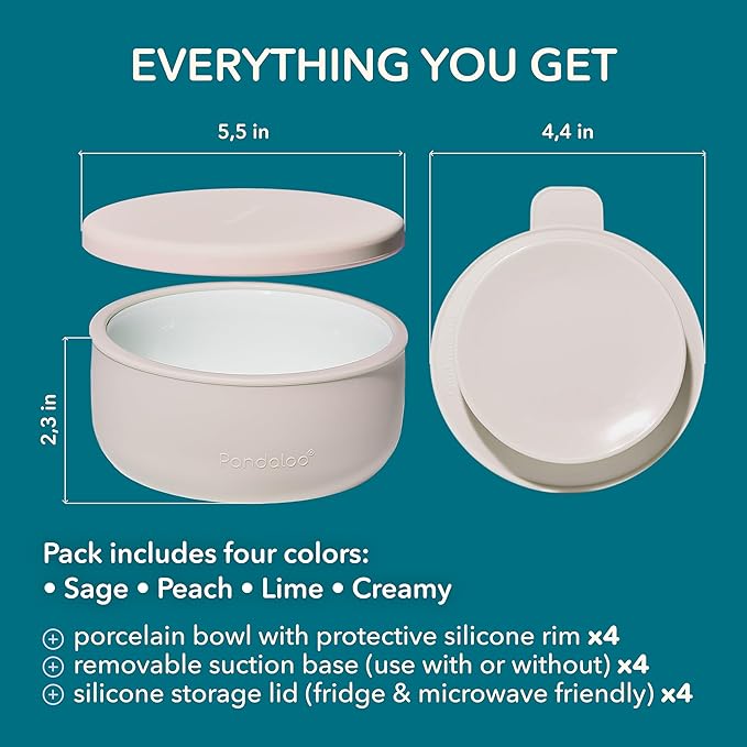 Pandaloo Porcelain Kids Bowls with Removable Silicone Sleeve & Lid – Strong Suction Base, Microwave & Dishwasher Safe, Toddler-Proof, Non-Slip Ceramic Feeding Bowls for Babies & Toddlers (Set of 4)
