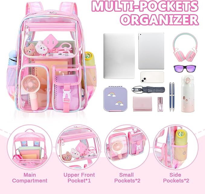 PIG PIG GIRL Clear Backpack for School,Heavy Duty PVC Transparent Bookbag for Girls Stadium Approved See Through Backpack