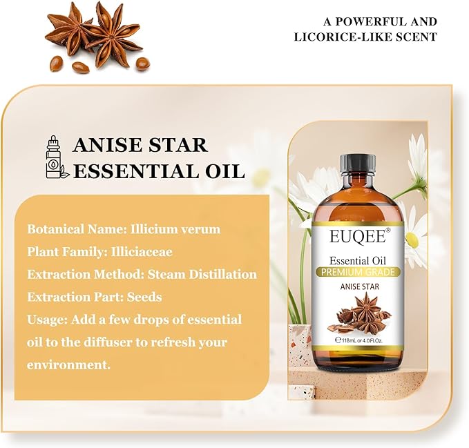 EUQEE Anise Star Essential Oil 4oz / 118ML Large Capacity Anise Star Essential Oil Pure & Premium Essential Oil with Glass Dropper for Candle Soap Making, Diffusers