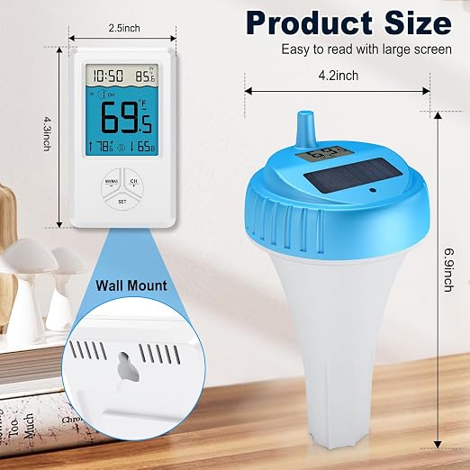 Pool Thermometer Floating Easy Read, Digital Wireless IPX8 Waterproof Thermometer with Indoor Temperature for Swimming Pool, Hot Tub Spa, Cold Plunge, Fish Tanks, Indoor Monitoring