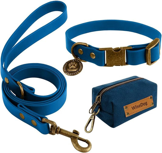 Wisedog Waterproof Dog Collar and Leash Set, Large, Blue | Adjustable Puppy Collar, Cute Tag, 5FT Leash, Includes Poop Bag, For Small Medium Large Dogs