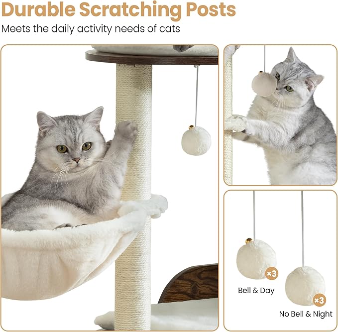 Modern Wood Cat Tree Tower for Indoor Large Cats, Cat Scratching Posts with Big Perch Bed, 44.8" Tall Multi-Level Wooden Cat Condo with Hammock, Removable Pads, Kitty Furniture, Rustic Brown
