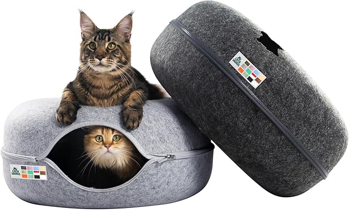 Cattasaurus Peekaboo Cat Cave Donut for Multiple & Large Cats up to 30-45 lbs, 3-in-1 Self Warming Cat Bed, Tunnel & Scratcher for Indoor Cats, Washable & Detachable (Light Gray + Dark Gray, Large)
