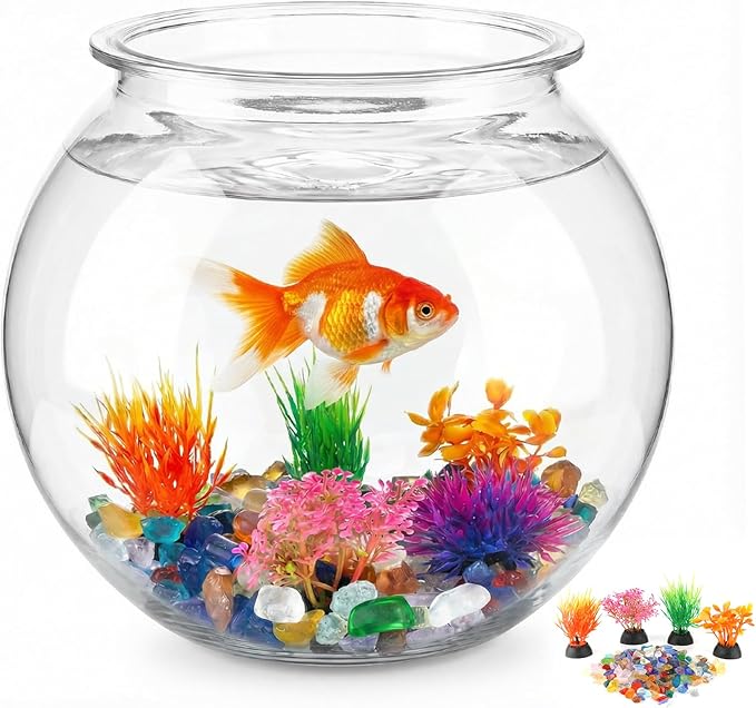 1 Gallon Clear Plastic Fish Bowl Set with 5 Artificial Plants and Stones | Smooth Surfaces Wipe Clean Easily, Rounded Shape Improves Viewing for Simple Home or Desktop Displays
