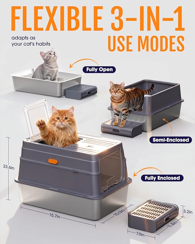 Powools Cat Litter Box - Stainless Steel Litter Box with Lid for Kitty, Metal Base Enclosed Cat Box with Litter Scoop, Elevated Step Box, Activated-Carbon Pack, 23.6" x 15.7" x 15", Grey