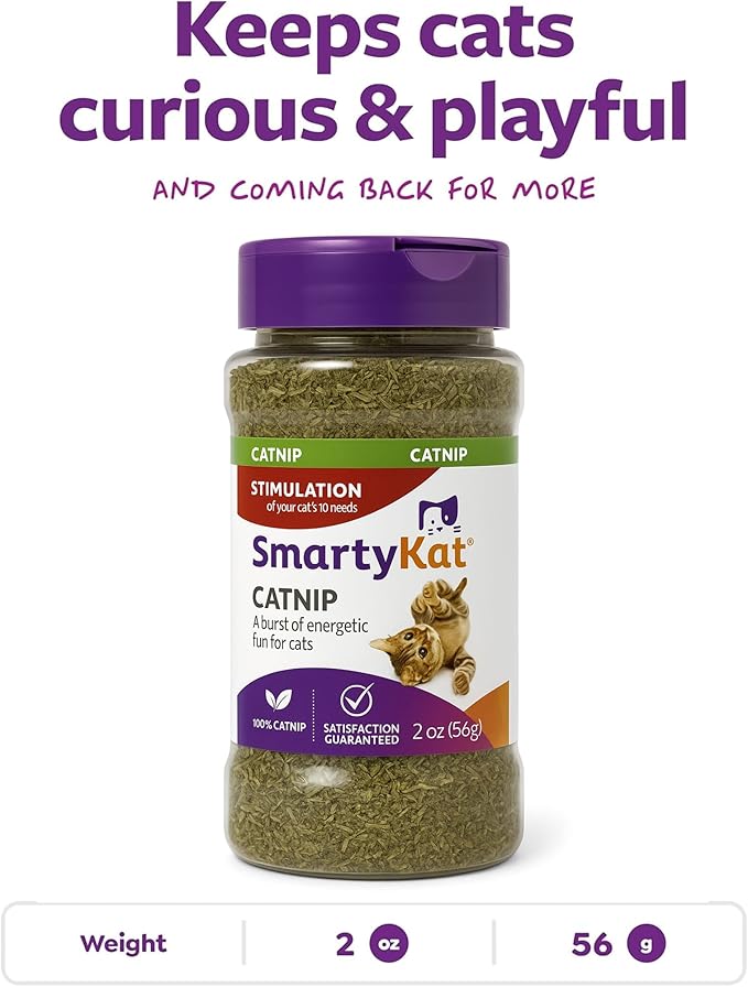 SmartyKat Natural Catnip Canister, 100% Natural Cat Nip for Cats, Premium Dried Catnip for Indoor Cats, Positive Training Aid for Play and Exercise, Resealable Shaker Bottle, 2 Ounces