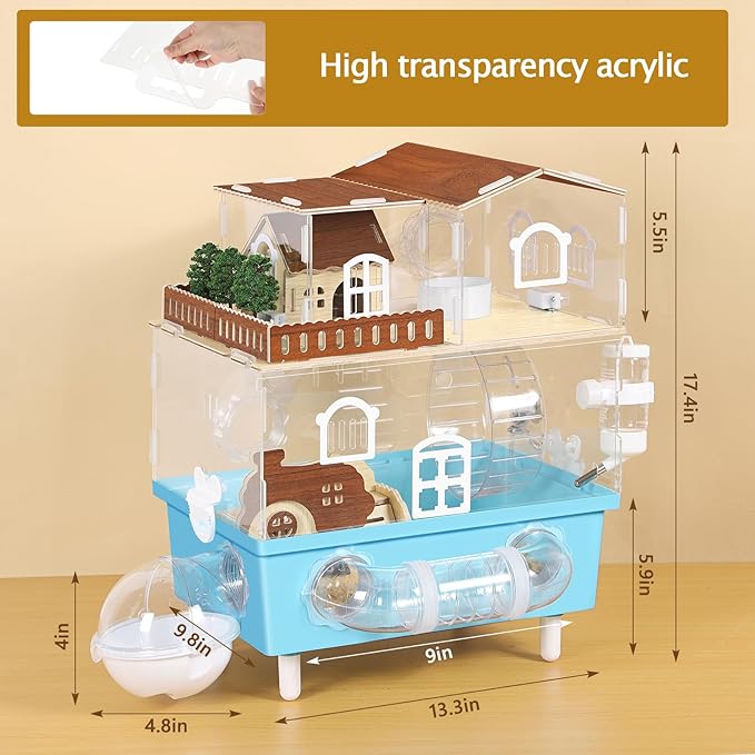 Acrylic Hamster Cage 9-in-1 Hamster Habitats with All Accessories 13.3"L x 9.8"W x 17.4"H Clear Hamster House for Syrian Gerbils Hamster, Dwarf Hamster Hideout 2 Tier Small Animal Cages for Pet Mice