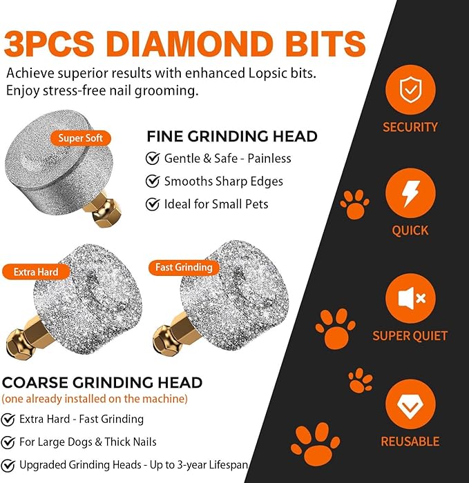 Whisper Quiet Dog Nail Grinder with 4 LED Lights, Safe & Stress-Free for Sensitive Dogs Cats of All Breeds & Sizes, 3 Grinding Bits, 3-Speed, Pet Nail Trimmers, Rechargeable Painless Grooming Kit Grey