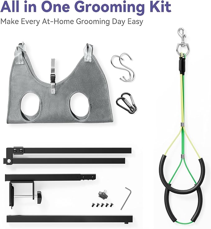 niffgaff Adjustable Dog Grooming Arm with Clamp, 26″–40″ Height, XS Hammock with Back Buckle, No-Sit Grooming Restraint for Small Cats & Dogs