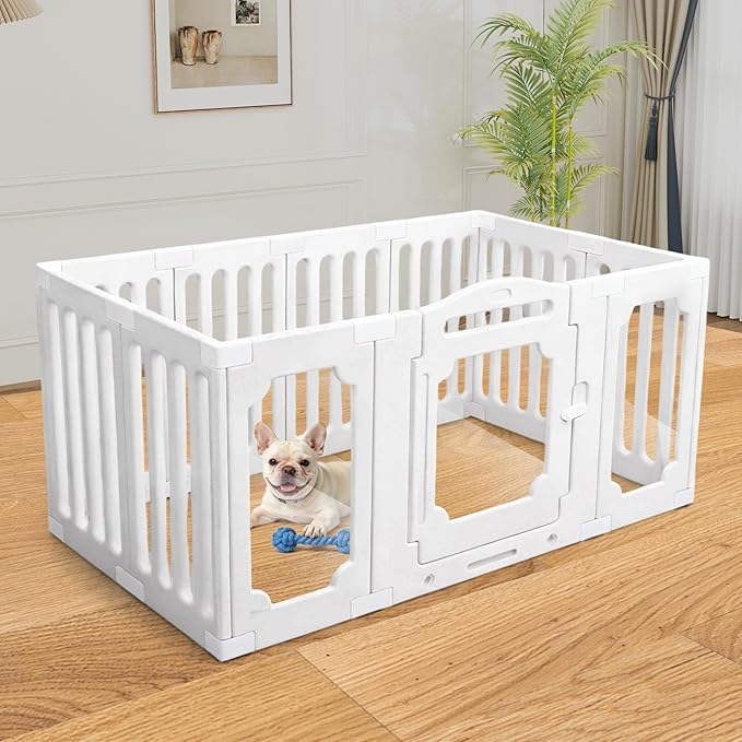 Ancaixin Modern Clear Acrylic Dog PlayPen for Indoors, 25.5Inch Tall & 11-Panel Metal-Free Puppy Playpen for Small and Medium Dogs, Tool-Free Assembly, Easy Assemble Pet Fence with Door Lock (White)