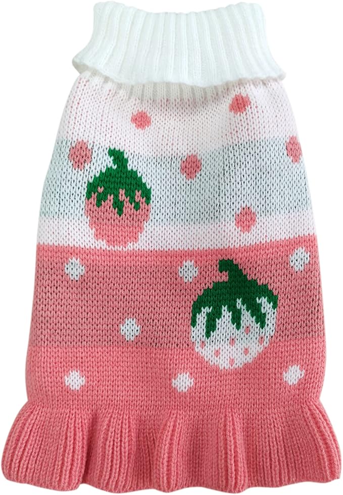 CHBORCHICEN Pet Dog Sweaters Classic Knitwear Turtleneck Winter Warm Puppy Clothing Cute Strawberry and Heart Doggie Sweater (XXS, Dress-Pink)