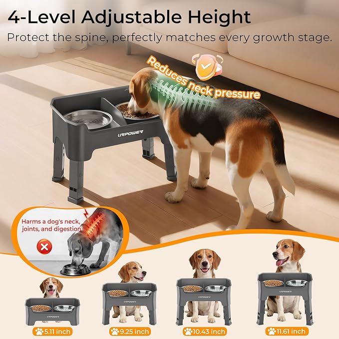 URPOWER Mess Proof Elevated Dog Bowls 4 Height Adjustable Raised Bowl Stand with 2 Stainless Steel Dog Bowls Non-Slip Food and Water Bowl Set for Small and Medium Dogs,Grey