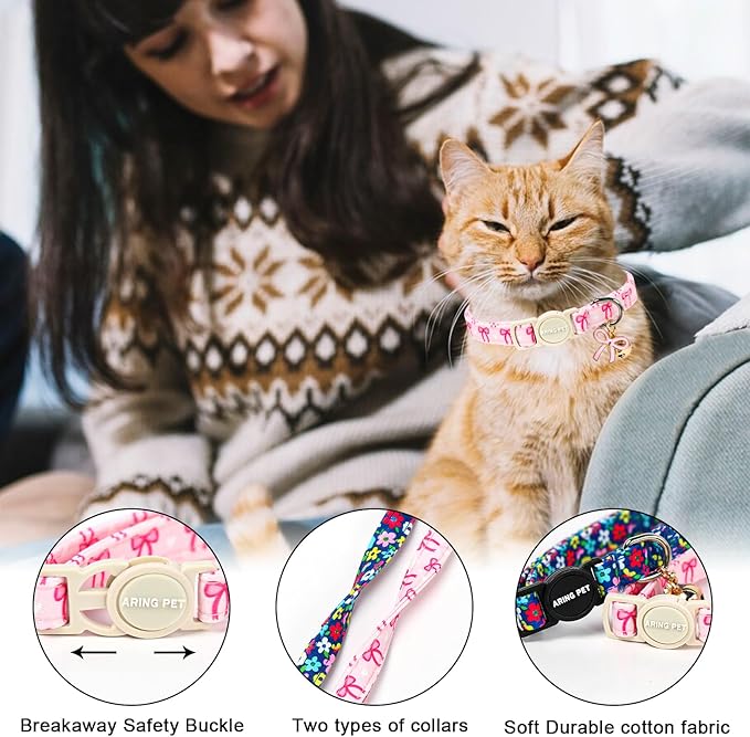 ARING PET 2 Pack Cat Collars with Bell, Cute Soft Cotton Kitten Kitty Breakaway Spring Summer Cat Collars for Boy Girl Cats-Pink Bow & Blue Floral