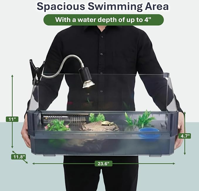 Large Turtle Tank Kit for Aquatic Turtles – Complete Starter Habitat with Filter, UVB Lamp, Basking Platform, Plants, Feeding Ring – Turtle Aquarium Kit (Black)