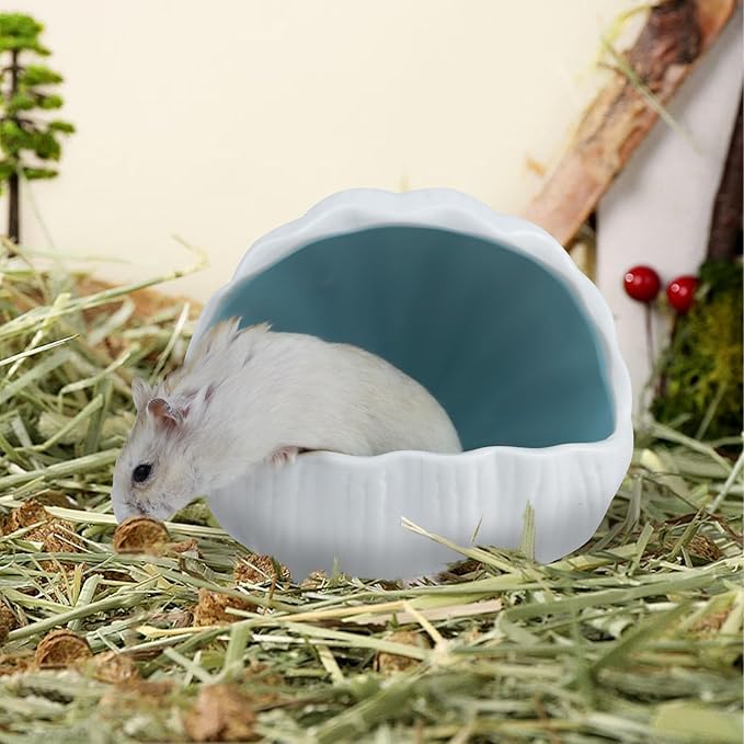WishLotus Ceramic Hamster Hideout, Adorable Sea Shell Shaped Hamster House, Large-Opening Small Animal Hideout, Small Animal Hideout Habitat Decor for Dwarf Hamsters Gerbils Chinchilla
