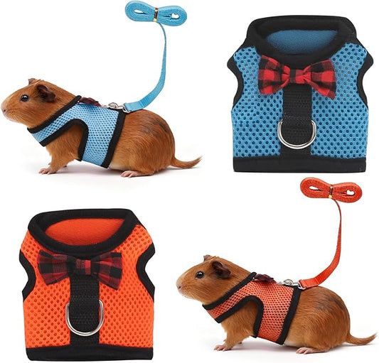 Guinea Pig Harness and Leash，2packs Guinea Pig Clothes Baby Ferret Rats Hamster Soft Mesh Harness Leash for Decoration，Hamster Harness can be Adjusted to Any Size. (Blue + Orange)