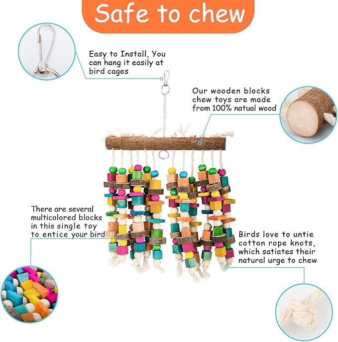 Kikerike Parrot Chewing Toy Bird Bite Toy with Colorful Wood Beads, Multicolored Natural Wooden Block Cage Toys for Macaw Cockatoo Parakeets