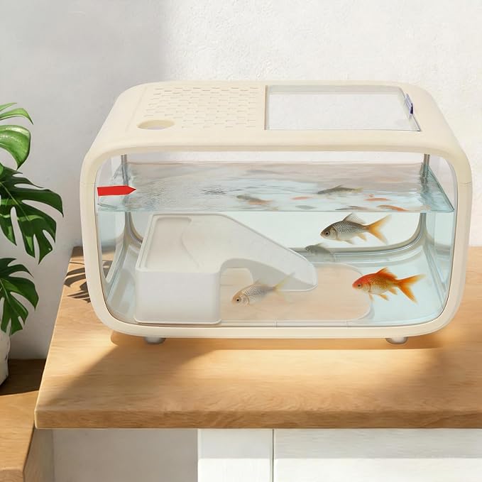 3.17 Gal Desktop Fish Tank, Fish Tank with Top Feeding Hole &Built-in Climbing Frame, Compact Water Habitat Bowl, Durable Mini Mini Aquascape Aquarium for Betta & Small Fish (Cream White)
