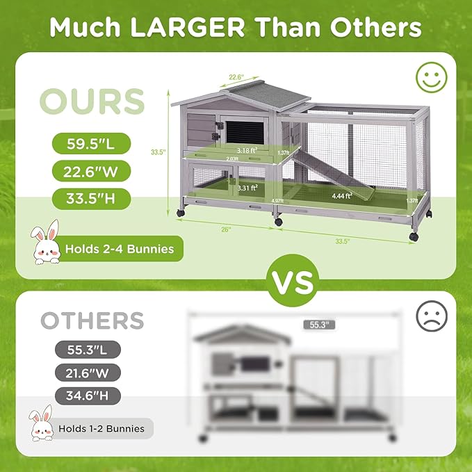 Gutinneen Large Indoor Rabbit Hutch Bunny Cage with Chew-Proof Ramp, Locking Leak-Proof Trays - Outdoor 62" Wooden Rabbit Cage with 6 Wheels for Rabbits, Guinea Pigs, Small Animals (Grey)
