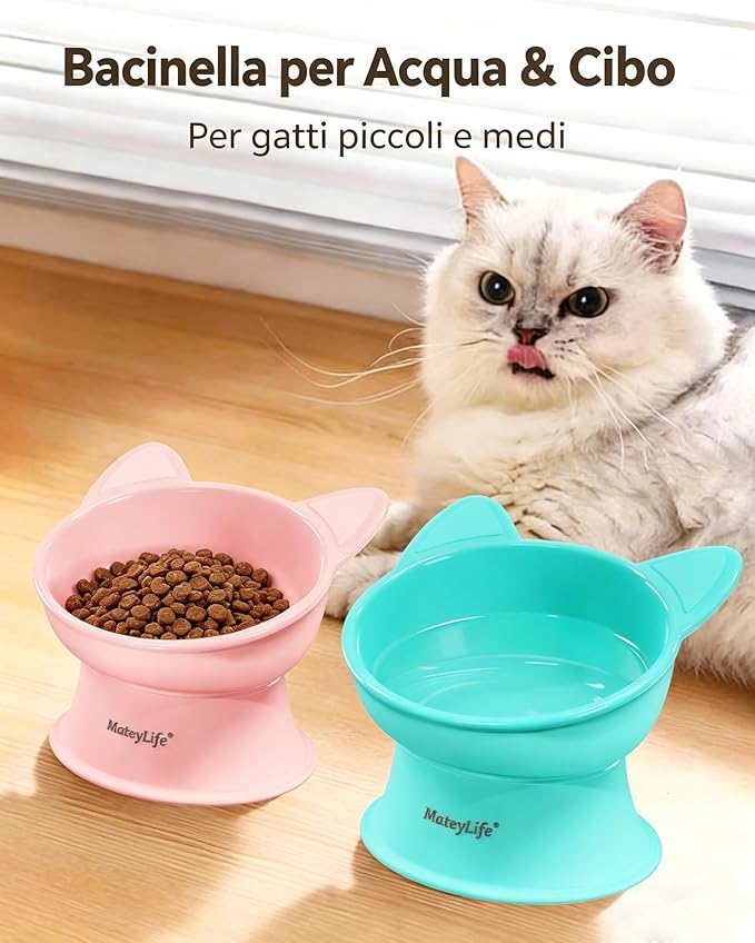 MateeyLife Elevated Cat Bowls, 2P Raised Food and Water Bowl Set for Indoor Cats & Small Dogs, Whisker Fatigue Cat Bowl, Anti Vomit Feeding Pet Bowls, 6 oz Each, Dishwasher Safe - Pink & Green