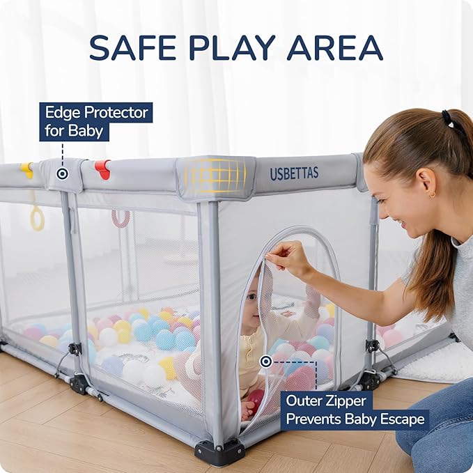 Foldable Baby Playpen with Mat, 1-Minute Setup, Lightweight Portable Playpen with Carry Bag, 50"x50" Indoor Outdoor Safty Play Yard for Babies & Toddlers, Light Gray