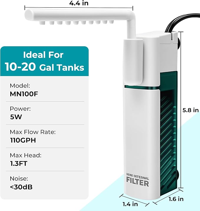 Small Aquarium Filter, 5W Internal Filter for 10-20 Gallon Fish Tanks | 110GPH F.Max, Quiet 30 dB, Aeration or Rainfall Mode, Adjustable Water Flow, Sponge & Filter Balls, Fits 10-20 Gallon Tanks