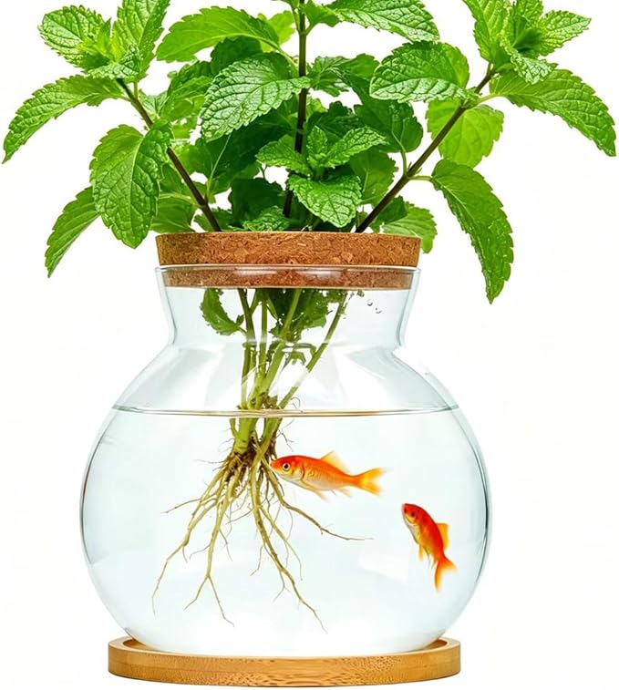 0.5 Gallon Betta Fish Tank, Desktop Aquarium Kit for Betta Goldfish, Glass Fish Bowl with Lid and Stand, Office Home Decor