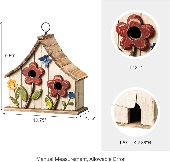 Glitzhome Bird Houses for Outside, 10.75" L Distressed Solid Wood Hanging Birdhouse with 3D Flowers Rustic Two-Story Townhouse Hand-Painted Garden Bird Houses for Outdoors,Washed White