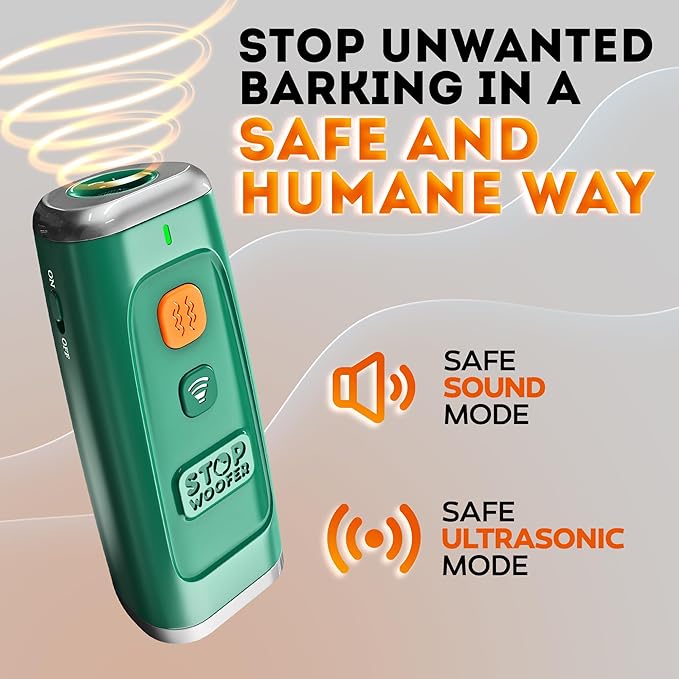 STOPWOOFER Ultrasonic Dog Bark Deterrent, No Shock Humane Bark Control Device, Stops Barking Fast, Indoor & Outdoor Dog Trainer, Safe for Medium Dogs