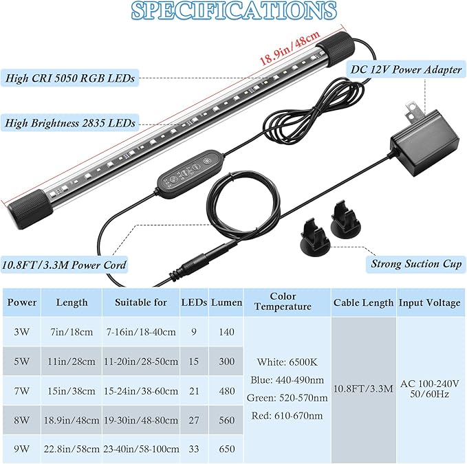 FEDOUR 18.9in Submersible Aquarium LED Light, 24/7 Mode Aquarium Lights with Full Spectrum RGBW LEDs, IP68 Waterproof Fish Tank Light with Dimming, Timming and Color Adjustable