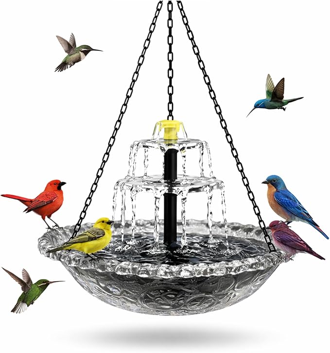 Solar Powered Hanging Bird Bath, Vibrant Blue Multi-Tier Waterfall Fountain for Outside, Easy to Hang Bird Oasis for Garden Decoration, Balcony, for Bird Lovers (Gray)