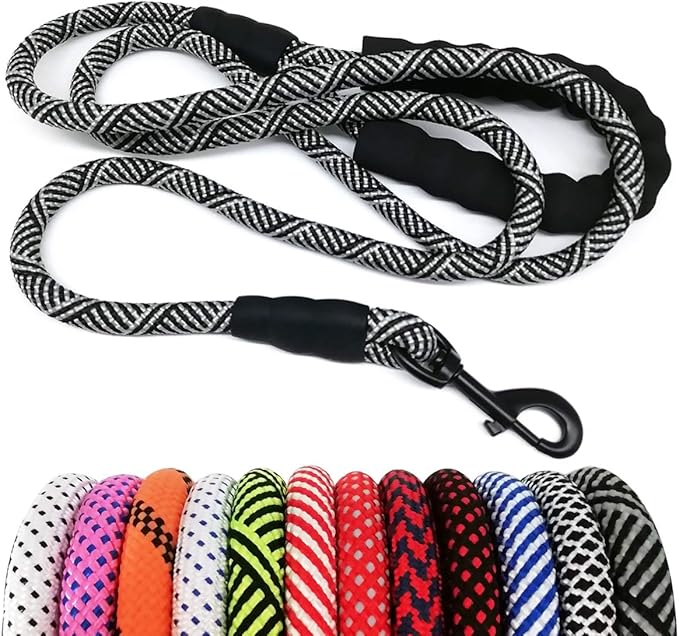 MayPaw Heavy Duty Rope Dog Leash, 3/4/5/6/7/8/10/12/15 FT Nylon Pet Leash, Soft Padded Handle Thick Lead Leashes for Large Medium Dogs (Black, 1/2" * 10')