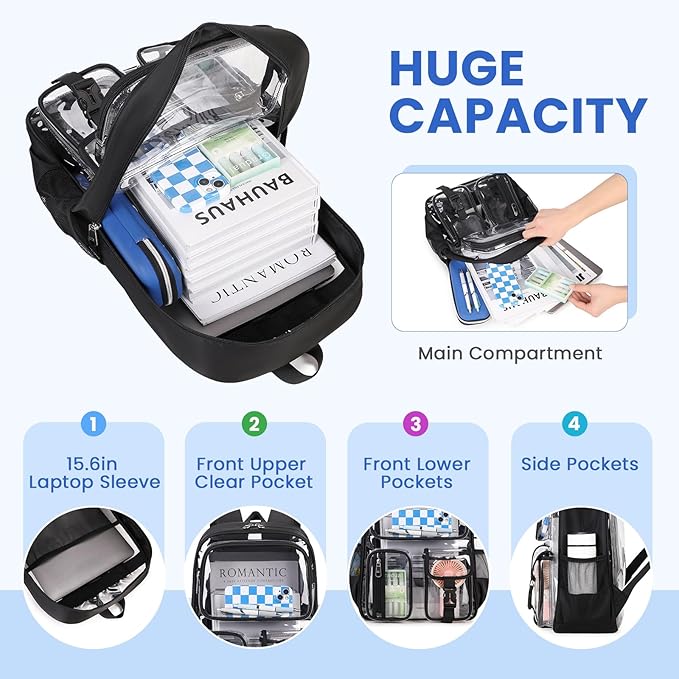 MUSEVOS Clear Backpack for School, Heavy Duty Clear Bookbag for Girls Boys Transparent Backpack with Badge Holder, Black